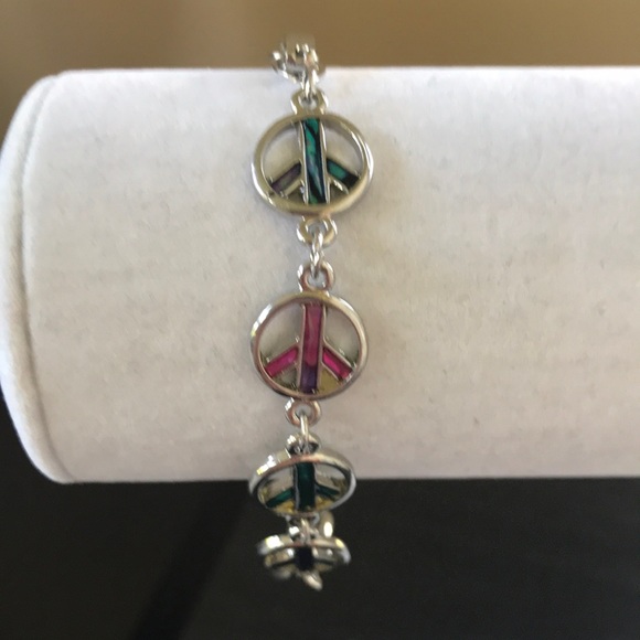 Multicolor Paua Sea Shell Peace Sign Bracelet - Picture 3 of 7
